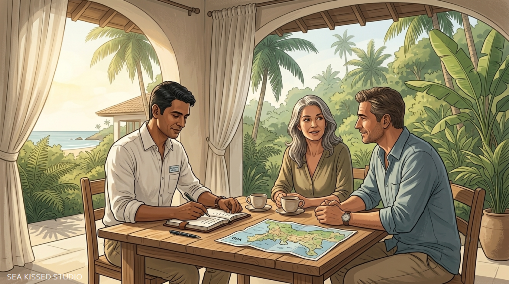 Sea Kissed Studio concierge understanding a couple's travel purpose before designing their personalised Goa experience.