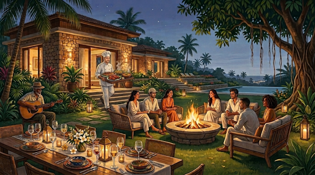 Friends around bonfire Group visit to goa amusement adventure, fun night out places group villa stays at goa
